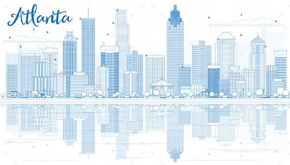 590x335 Outline Atlanta Skyline With Blue Buildings And Reflections By - Atlanta Skyline Sketch