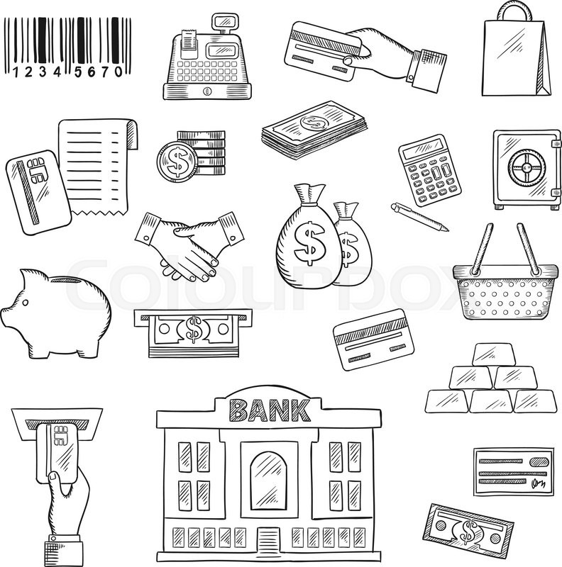 792x800 Money, Banking Services And Shopping Sketch Symbols For Business - Atm Sketch