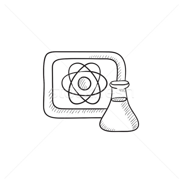 600x600 Atom Sign Drawn On Board And Flask Sketch Icon. Vector - Atom Sketch