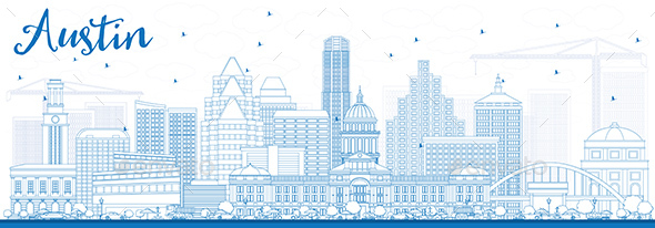 590x206 Outline Austin Skyline With Blue Buildings By Booblgumpnz - Austin Skyline Sketch