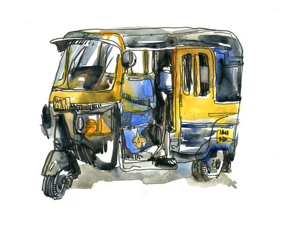 570x456 India Sketch Auto Rickshaw In Yellow And Black Mumbai Fine Etsy - Auto Rickshaw Sketch