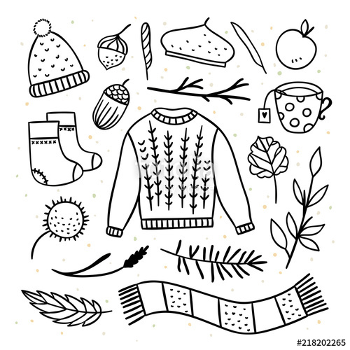 500x500 Autumn Illustrations Hand Drawn Set. Sweater, Tea Cup, Scarf - Autumn Leaves Sketch