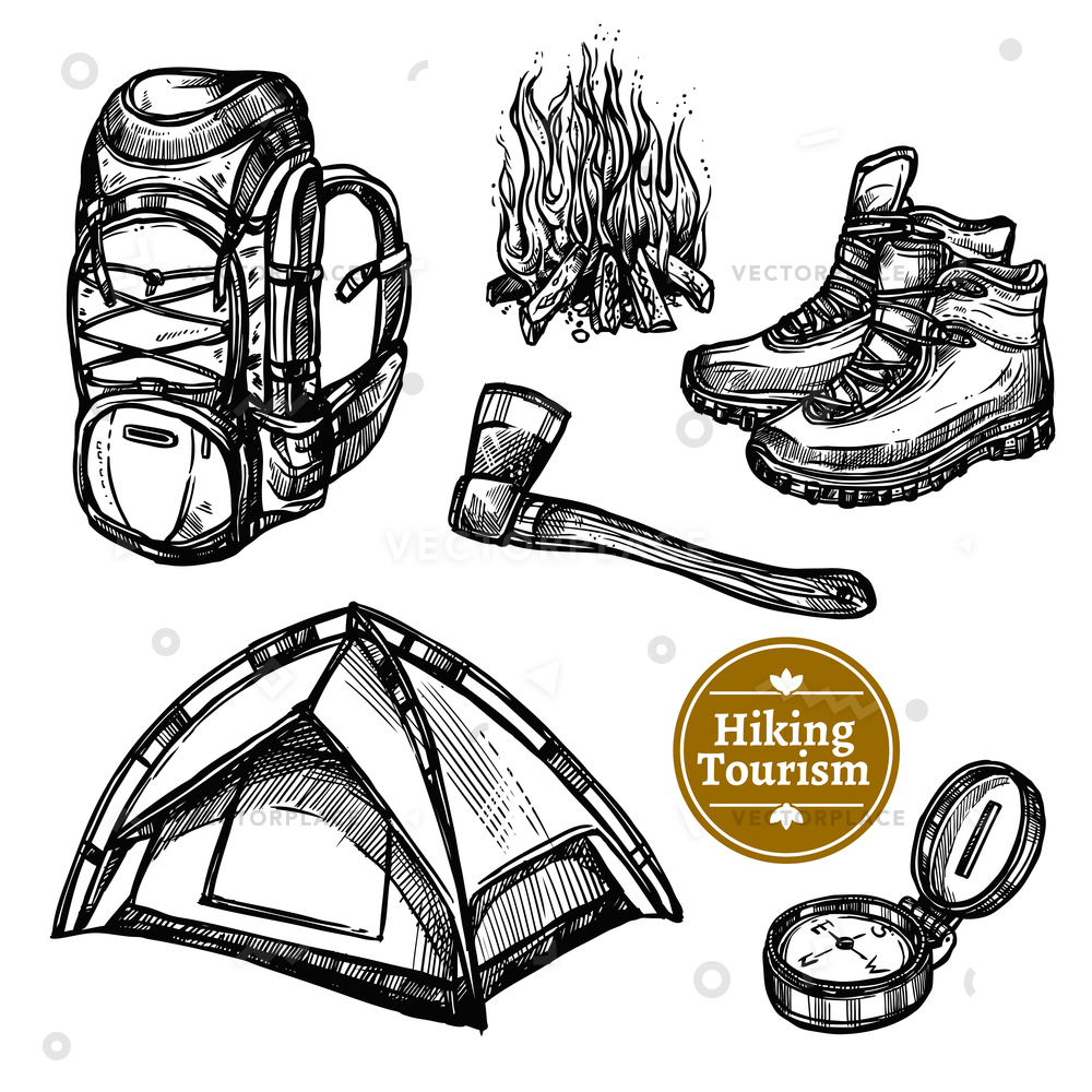 1000x1000 Black White Sketch Tourism Camping Hiking Vector Illustration - Ax Sketch