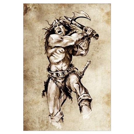460x460 Sketch Of Tattoo Art, Warrior Fighting With Big Ax Wall Decal - Ax Sketch