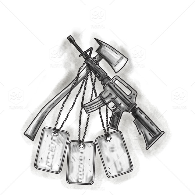 640x640 Tattoo Style Illustration Of A Crossed Fire Ax And An M4 Magazine - Ax Sketch