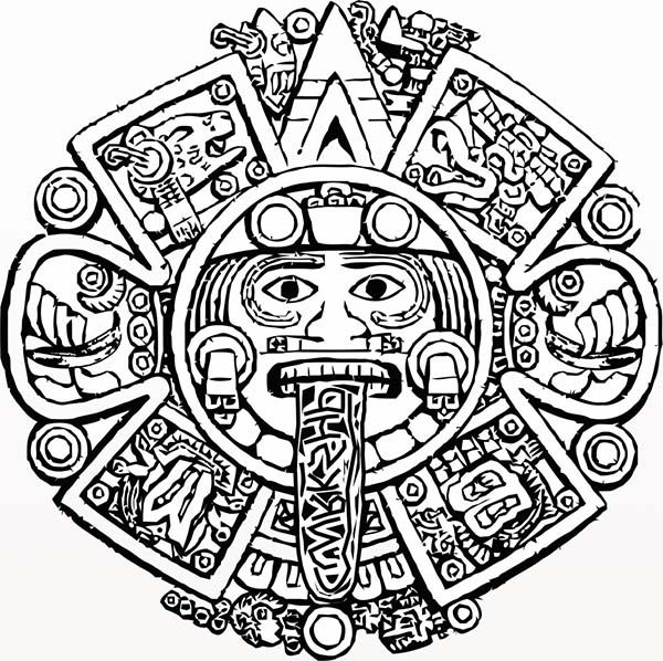 600x598 Aztec Calendar Stone Coloring Pages Library Stuff - Aztec Calendar Sketch