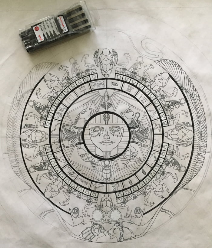 700x820 W.i.p Egyptian X Aztec Calendar, 90% Of The Line Work Done And - Aztec Calendar Sketch