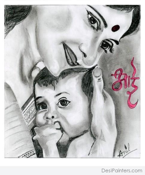 485x583 Pencil Sketch Of Mother With Her Baby - Baby And Mother Sketch