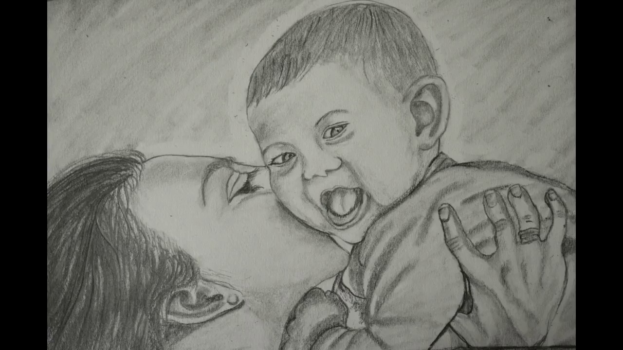 1280x720 Pencil Art Of Mother And Baby - Baby And Mother Sketch