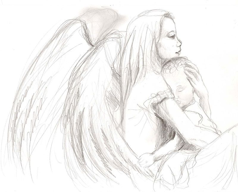 800x646 Guardian Angel Cuddling Baby Angel Sketch Angel - Baby Angel Sketch