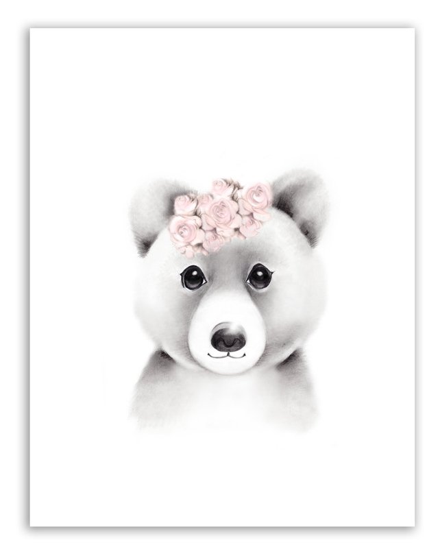 642x814 Bear Cub Nursery Art Baby Animal Face Pink Flowers Woodland Etsy - Baby Bear Sketch