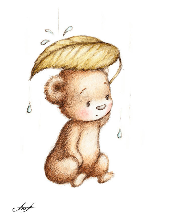 599x776 Drawing Of Teddy Bear Hiding From The Rain Under A Big Green Lea - Baby Bear Sketch
