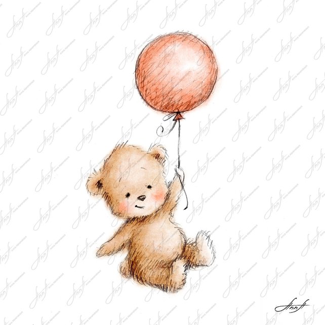 642x642 Watercolor And Pencil Drawing Of Teddy Bear With Balloon. Etsy - Baby Bear Sketch