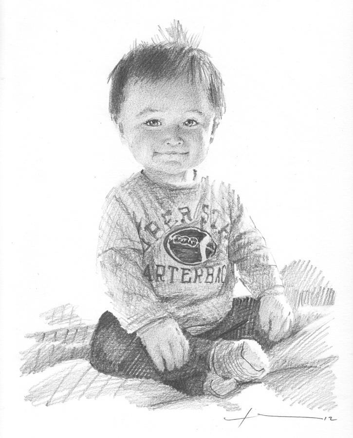 725x900 Baby Boy Sitting On Bed Pencil Portrait Drawing By Mike Theuer - Baby Boy Sketch