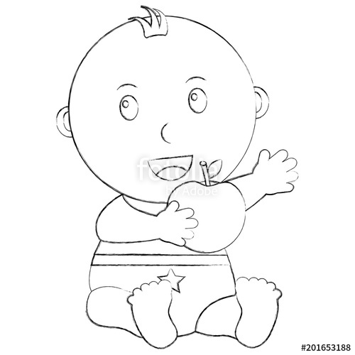 500x500 Cute Little Baby Boy Sitting With Apple Vector Illustration Sketch - Baby Boy Sketch