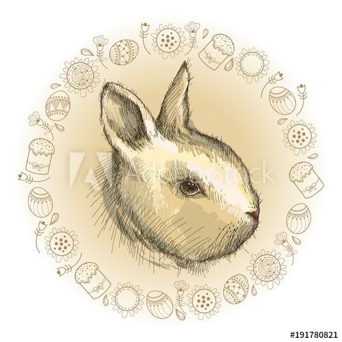 500x500 Vector Graphic Sketch Of Baby Rabbit Profile And Round Frame In - Baby Bunny Sketch