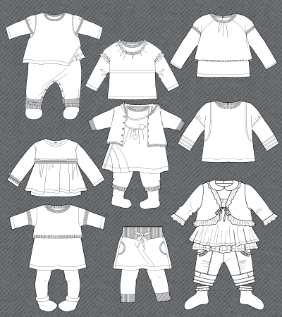 400x450 Set Of Isolated Fashion Flats For Baby Girls Kidsfashionvector - Baby Clothes Sketches