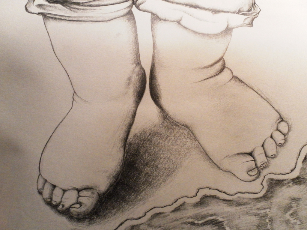 1024x767 Pencil Drawing Of Baby Feet On The Beach From Within A Book - Baby Feet Sketch