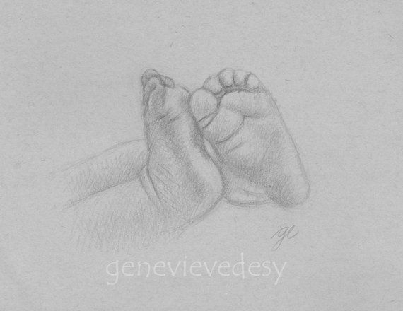 570x440 Miniature Print Of A Pencil Drawing Of Baby Foot Monochrome Etsy - Baby Footprint Sketch