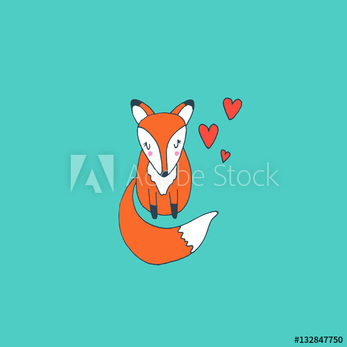 500x500 Cute Baby Fox In Love With Hearts - Baby Fox Sketch