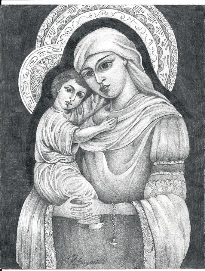 682x900 Virgin Mary And Baby Jesus Drawing By Kristina Saiyan - Baby Jesus Sketch