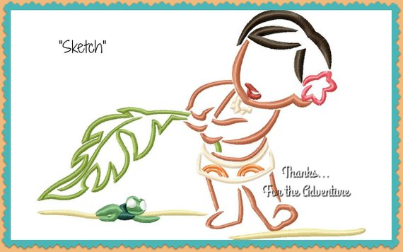 570x356 Baby Moana And A Tiny Turtle Sketch Digital Embroidery Machine Etsy - Baby Moana Sketch