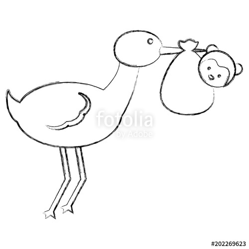500x500 Cute Stork Carrying Baby Monkey In Blanket Vector Illustration - Baby Monkey Sketch