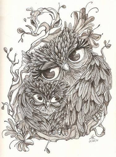 376x506 Mom And Baby Owl Painting - Baby Owl Sketch