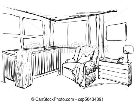 450x341 Children Room. Furniture Sketch. Baby Bed. Hand Drawn Children - Baby Room Sketch