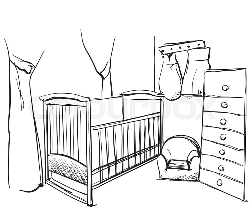 800x685 Hand Drawn Children Room. Furniture Sketch. Baby Bed Stock - Baby Room Sketch