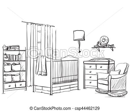 450x384 Hand Drawn Children Room. Furniture Sketch. Baby Bed. - Baby Room Sketch