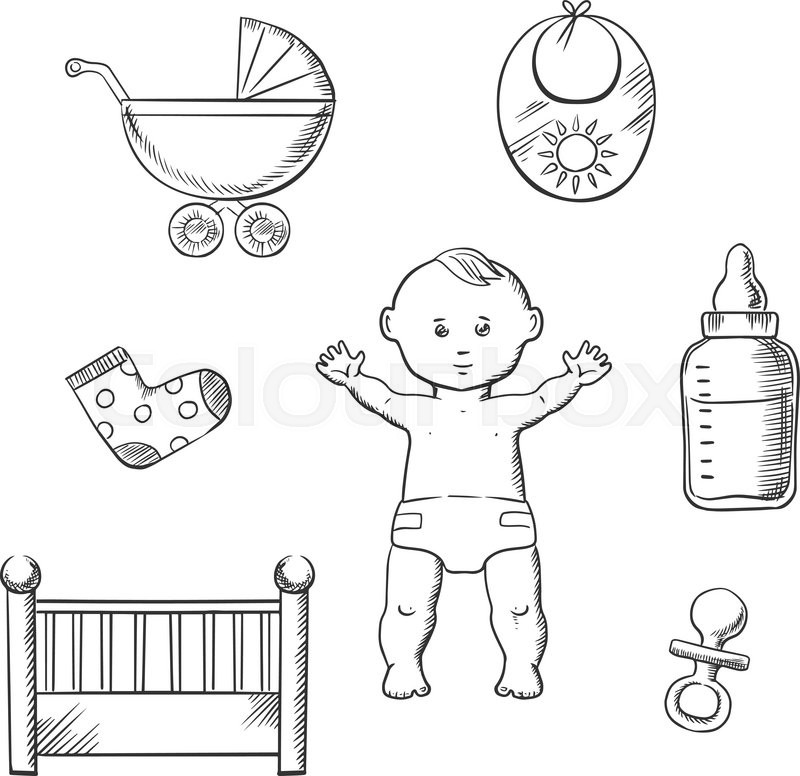 800x776 Baby Sketch Design With A Cute Little Baby In A Nappy Encircled By - Baby Sketch