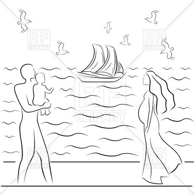 400x400 Pregnant Woman And A Man Holding A Baby On A Sea Coast - Baby Sketch Pictures