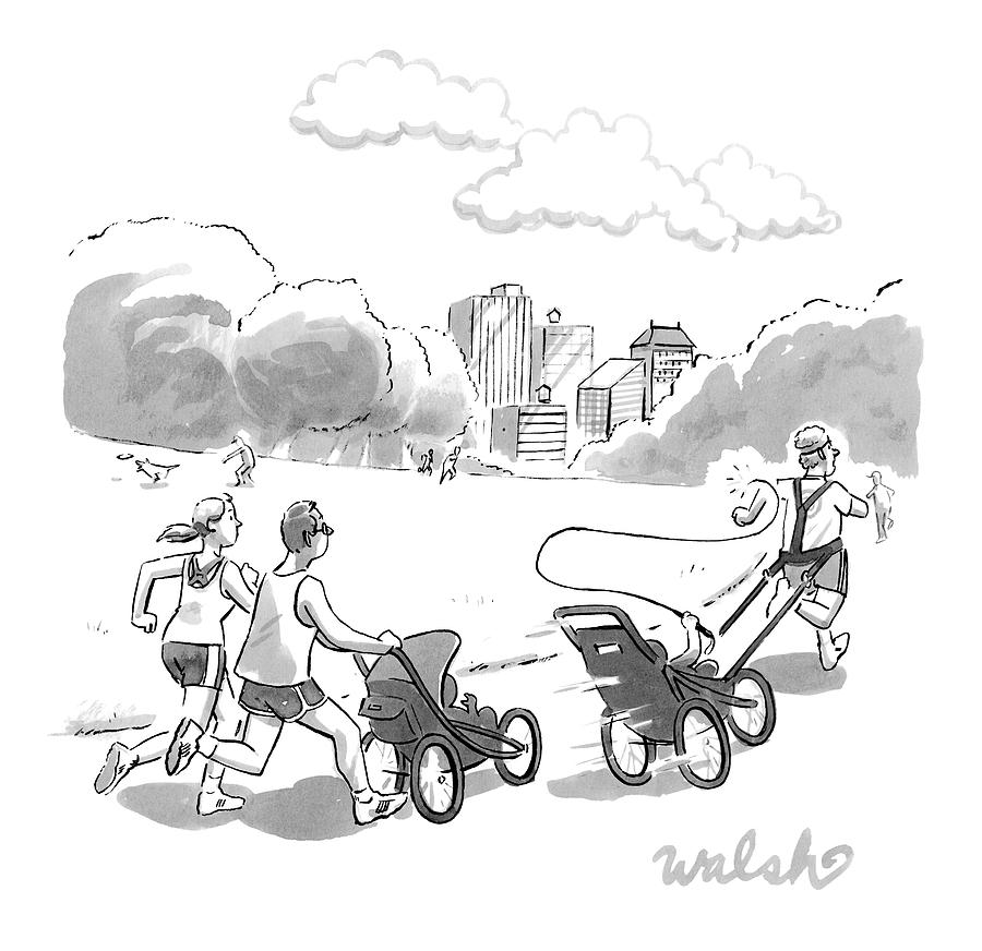 900x872 In A Park, Two Runners Jog With A Baby Stroller By Liam Walsh - Baby Stroller Sketch