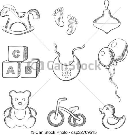 444x470 Baby And Toys Sketched Icons Set. Baby Sketched Icons With Rocking - Baby Toys Sketch