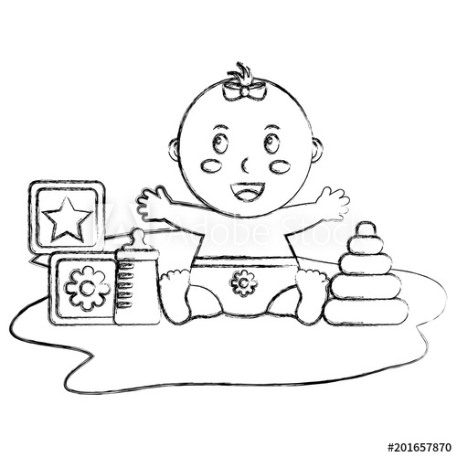 500x500 Baby Shower Little Girl Bottle Blocks Toys Vector Illustration - Baby Toys Sketch