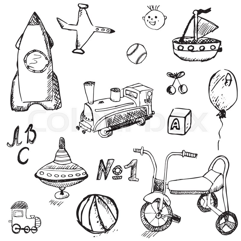 800x800 Baby, Child Toys Set Hand Drawn Sketch, Isolated On White - Baby Toys Sketch