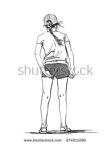 360x470 Sketch Of Girl Teenager Straightens Panties Under Shorts, View - Back Of Hand Sketch