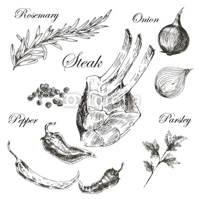 400x400 Vector Meat Steak Sketch Drawing Designer Template. Food Hand - Backdrop Sketch