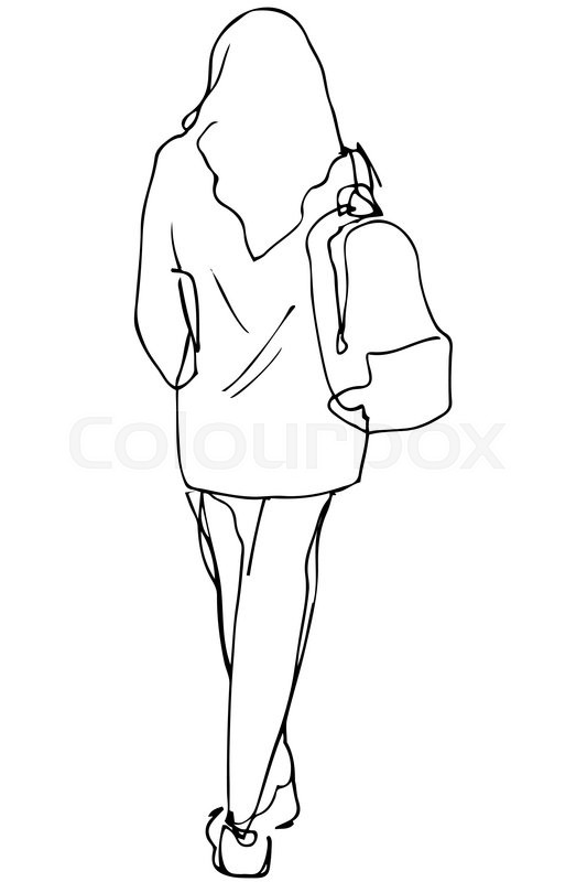 533x800 Black And White Vector Sketch Of A Girl With A Backpack Goes - Backpack Sketch