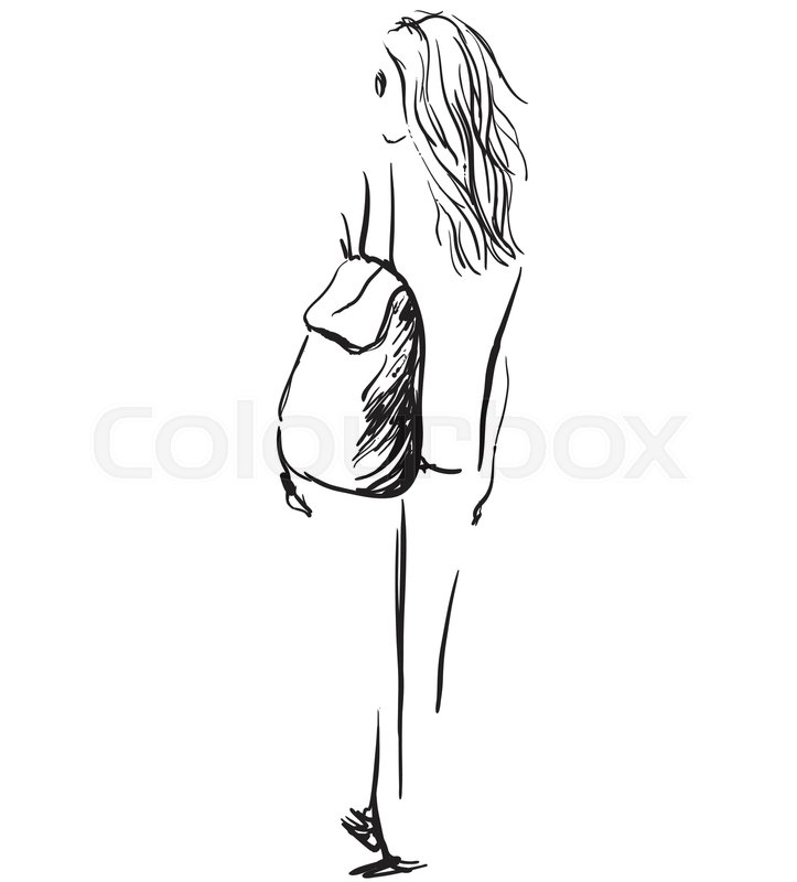 723x800 Fashion Illustration Of Girl With A Backpack. Sketch Style Stock - Backpack Sketch