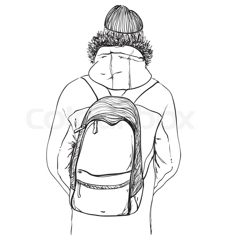 761x800 Sketch Of Man In Winter Clothes With Backpack. Fashion - Backpack Sketch