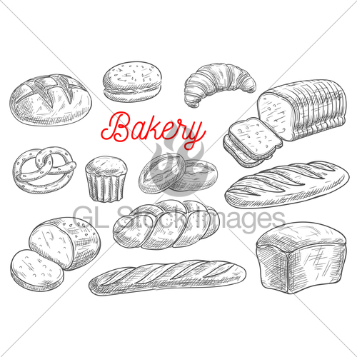 500x500 Bread And Bakery Products Vector Sketches Gl Stock Images - Bakery Sketch
