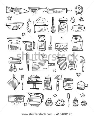 376x470 Vector Bakery Kitchen Cooking Tools Retro Icons Set . Vintage - Bakery Sketch