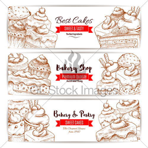 500x500 Bakery, Pastry Shop Sketch Banners Set Gl Stock Images - Bakery Sketch