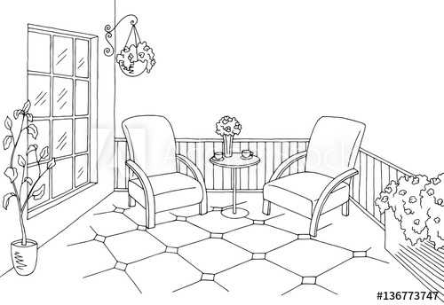 500x344 Balcony Graphic Black White Interior Sketch Illustration Vector - Balcony Sketch
