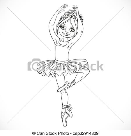 450x469 Cute Ballerina Girl Dancing In Tutu Outlined For Coloring Isolated - Ballet Girl Sketch
