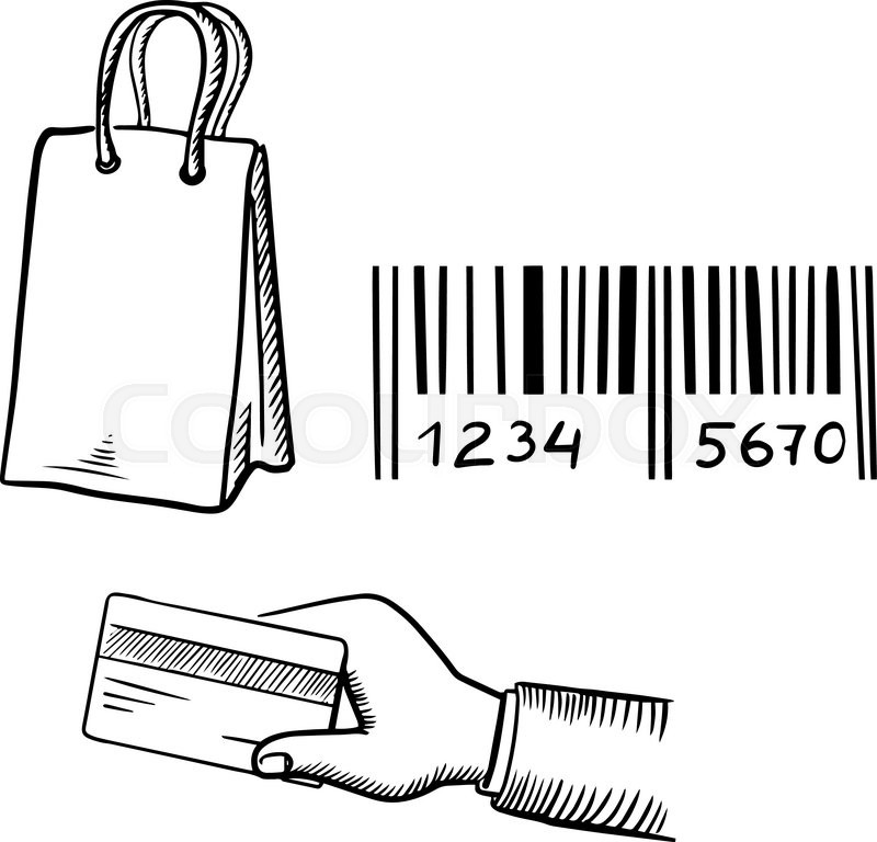 800x768 Paper Shopping Bag, Bank Credit Card In Hand And Barcode Sketch - Bank Sketch