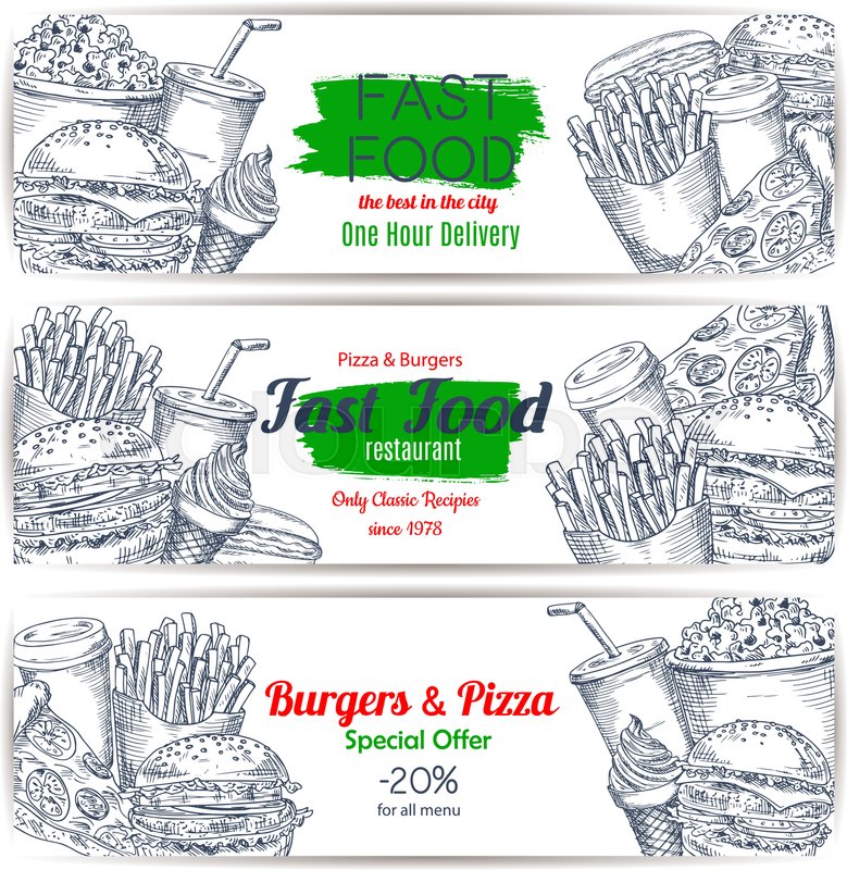 779x800 Fast Food Menu Special Offer Sketch Banner Set. Burger, Pizza - Banner Sketch