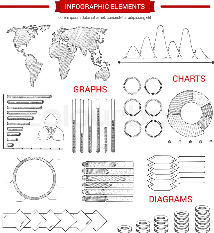 737x800 Infographic Elements, Sketch Design. Hand Drawn World Map, Bar - Bar Graph Sketch